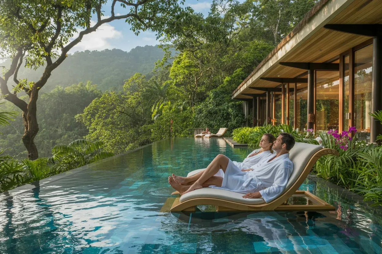 Luxury eco-resort infinity pool overlooking Sri Lankan jungle with European guests