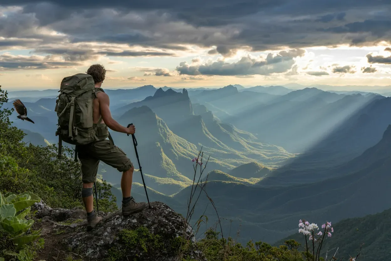 European hiker on mountain ridge in Knuckles Range Sri Lanka wilderness