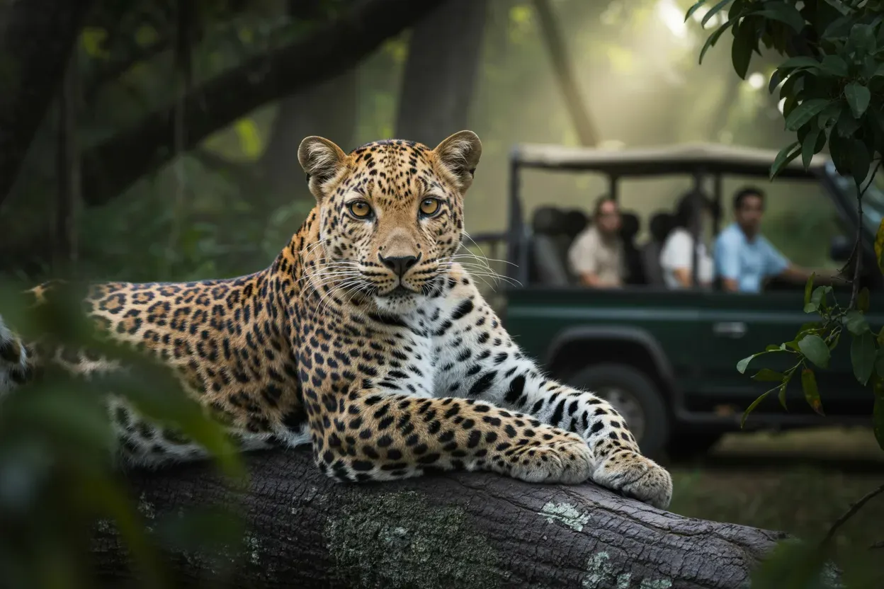 Wild Sri Lankan leopard on tree branch during safari tour with tourists