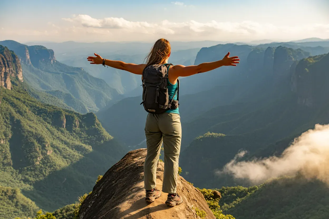 European woman hiking scenic trail at Ella Rock viewpoint Sri Lanka Hill Country