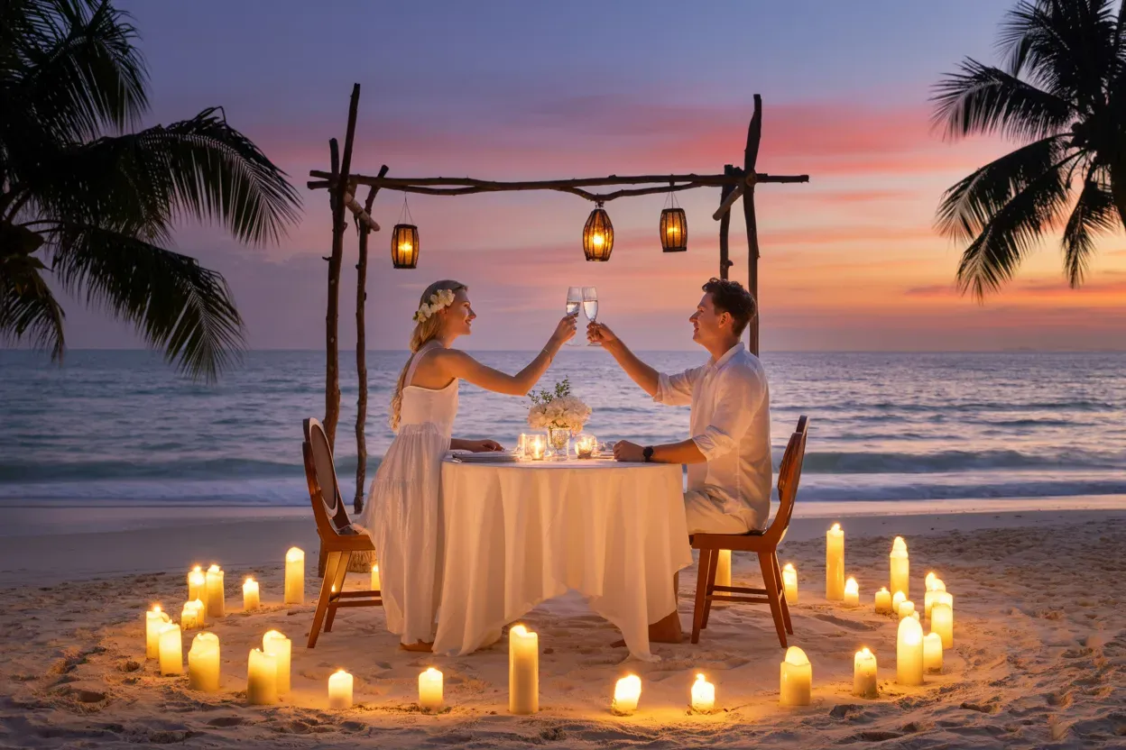 European honeymoon couple private candlelit dinner on secluded Sri Lanka beach