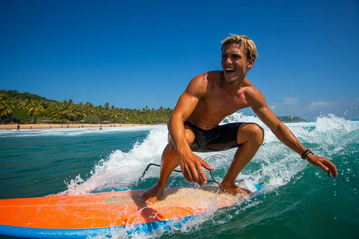 European surfer riding wave in Arugam Bay Sri Lanka adventure tour