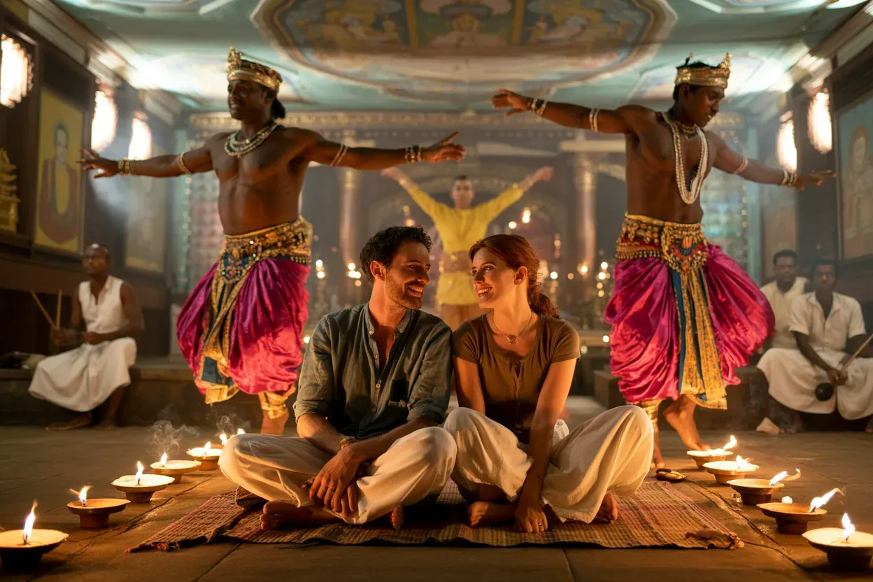 European tourists watching traditional Kandyan dance performance in Sri Lanka cultural tour
