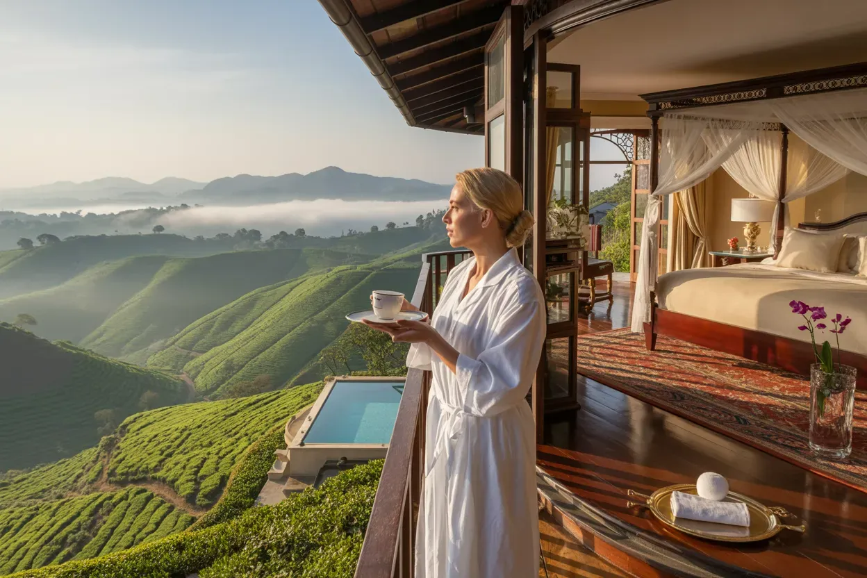 Luxury colonial hotel suite with tea plantation views in Sri Lanka Hill Country